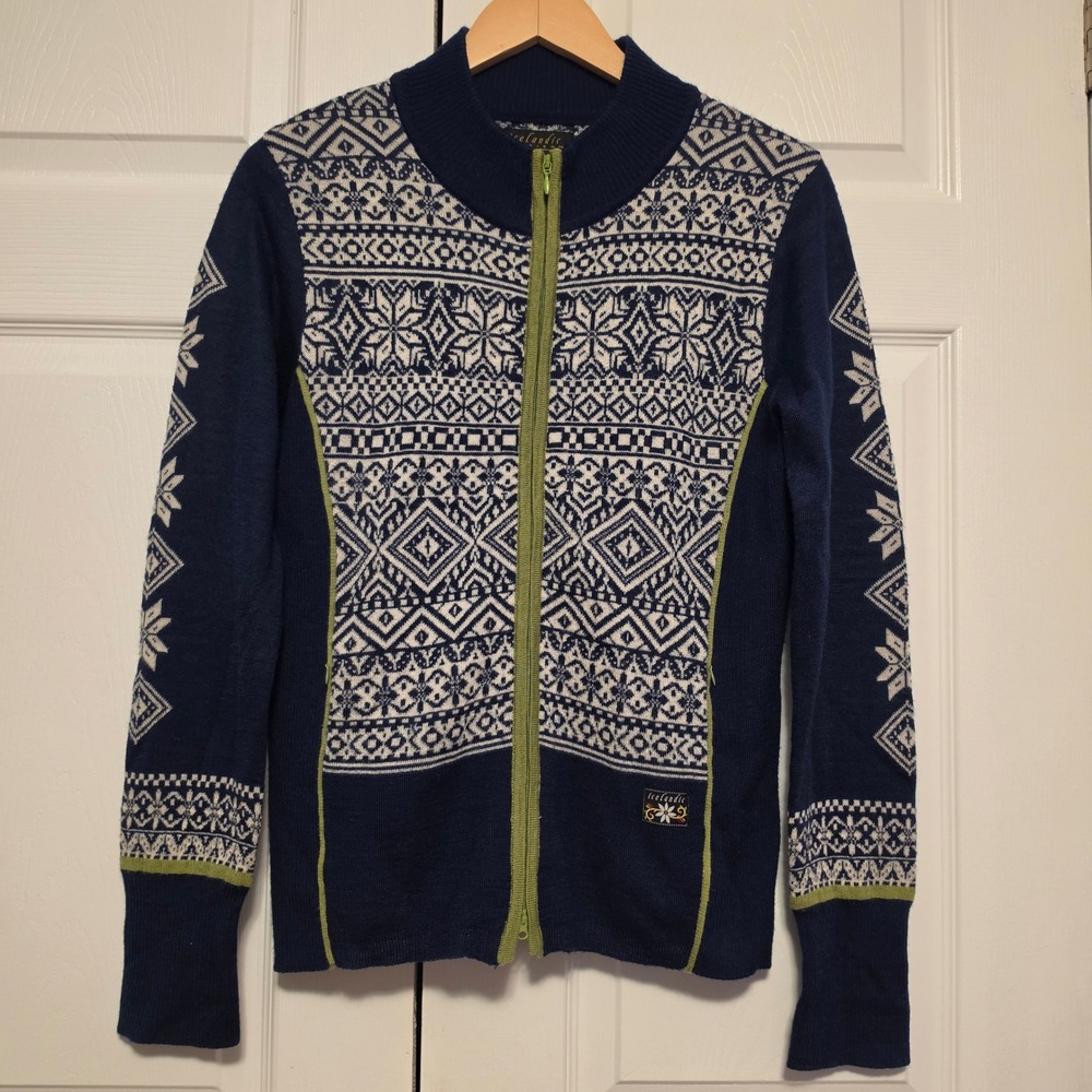 Icelandic Design Fair Isle Snowflake Full Zip Cardigan Navy Blue Large